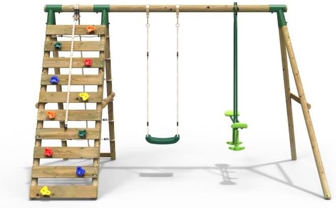 Rebo® Wooden Swing Set with Up and Over Climbing Wall - Isla Green | OutdoorToys | Kids' Outdoor Wooden Play Equipment for Gardens, Frame and Accessories Included, Weather Resistant