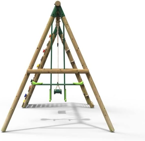 Rebo® Wooden Swing Set with Up and Over Climbing Wall - Isla Green | OutdoorToys | Kids' Outdoor Wooden Play Equipment for Gardens, Frame and Accessories Included, Weather Resistant