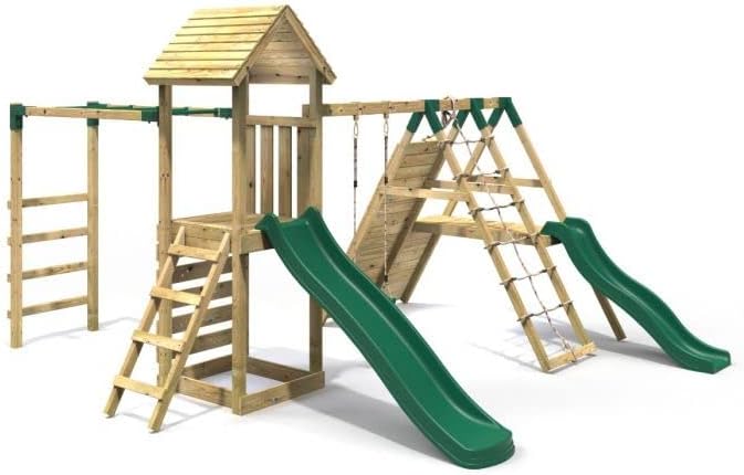 Rebo® Children's Wooden Climbing Frame with Swings, 2 Slides, Up and Over Climbing wall and Monkey Bars - Brecon | OutdoorToys | Pressure Treated Timber