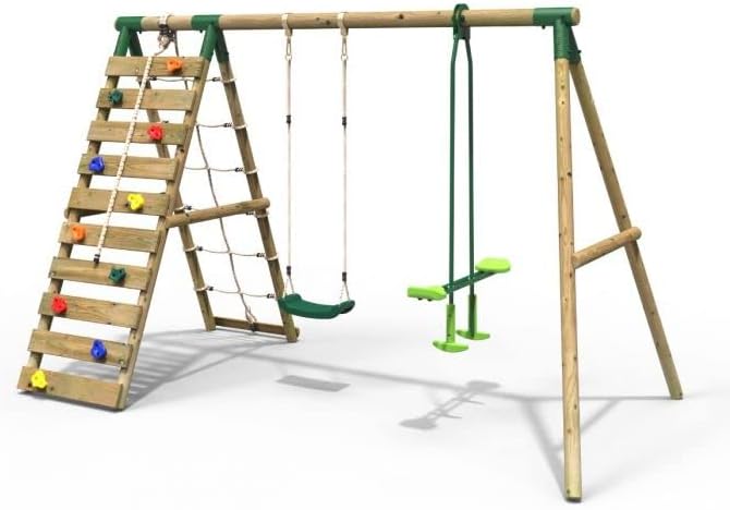 Rebo® Wooden Swing Set with Up and Over Climbing Wall - Isla Green | OutdoorToys | Kids' Outdoor Wooden Play Equipment for Gardens, Frame and Accessories Included, Weather Resistant