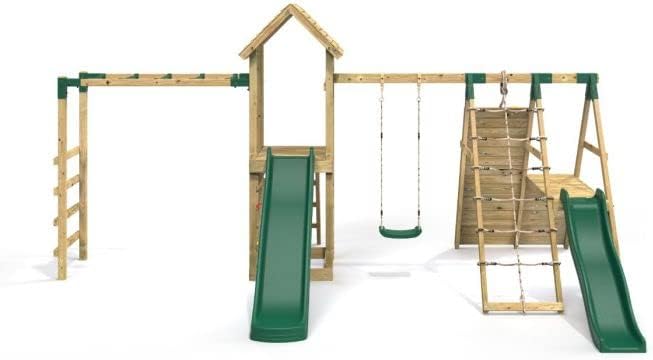Rebo® Children's Wooden Climbing Frame with Swings, 2 Slides, Up and Over Climbing wall and Monkey Bars - Brecon | OutdoorToys | Pressure Treated Timber