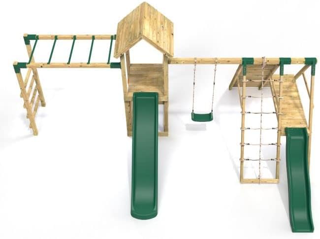 Rebo® Children's Wooden Climbing Frame with Swings, 2 Slides, Up and Over Climbing wall and Monkey Bars - Brecon | OutdoorToys | Pressure Treated Timber