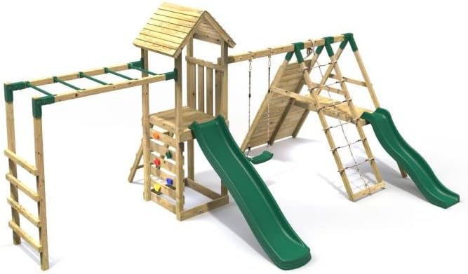 Rebo® Children's Wooden Climbing Frame with Swings, 2 Slides, Up and Over Climbing wall and Monkey Bars - Brecon | OutdoorToys | Pressure Treated Timber