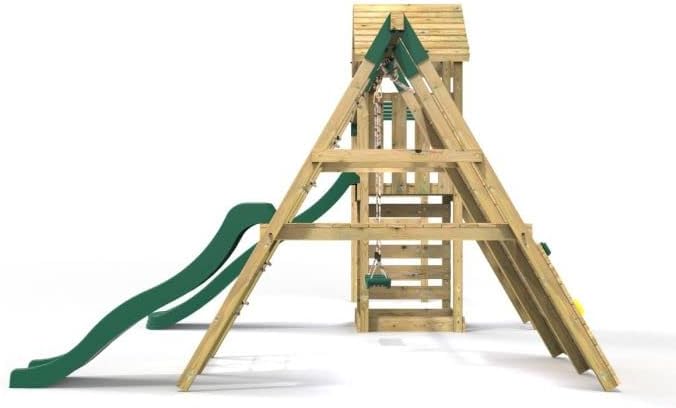Rebo® Children's Wooden Climbing Frame with Swings, 2 Slides, Up and Over Climbing wall and Monkey Bars - Brecon | OutdoorToys | Pressure Treated Timber