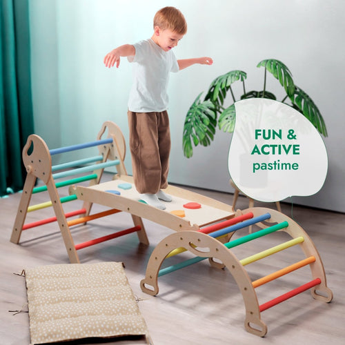 4in1 Montessori Climbing Set: Pikler Triangle, Arch, Slide Board, and Cushion for Toddlers (1–3 Years) - Rainbow