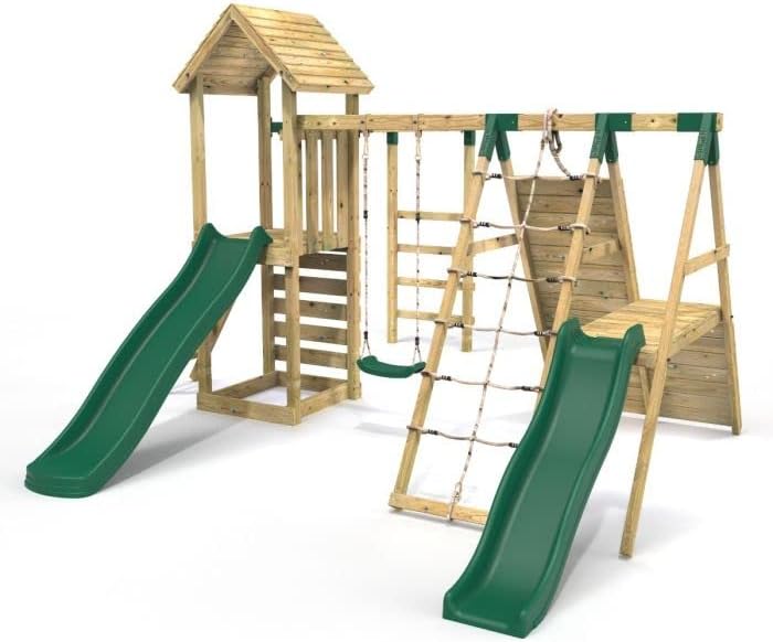 Rebo® Children's Wooden Climbing Frame with Swings, 2 Slides, Up and Over Climbing wall and Monkey Bars - Brecon | OutdoorToys | Pressure Treated Timber