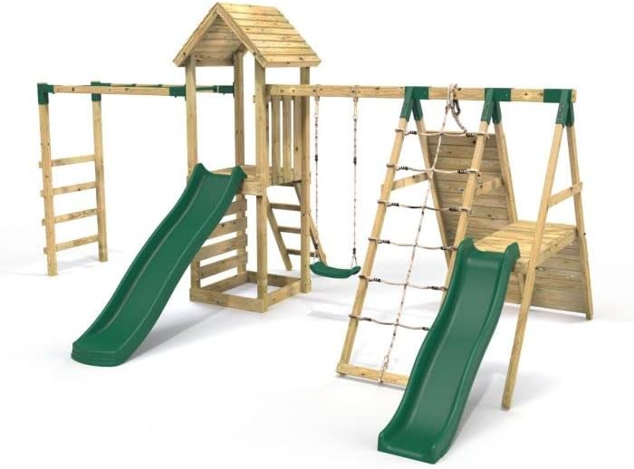 Rebo® Children's Wooden Climbing Frame with Swings, 2 Slides, Up and Over Climbing wall and Monkey Bars - Brecon | OutdoorToys | Pressure Treated Timber