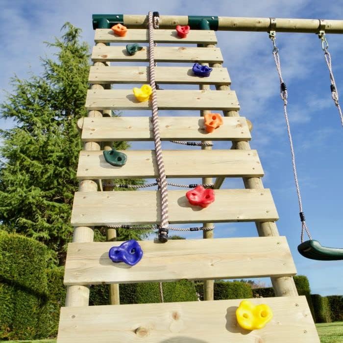 Rebo® Wooden Swing Set with Up and Over Climbing Wall - Isla Green | OutdoorToys | Kids' Outdoor Wooden Play Equipment for Gardens, Frame and Accessories Included, Weather Resistant