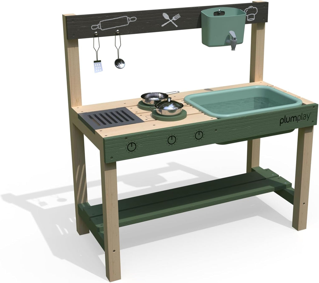 Plum Play Grubby Griddle Outdoor Discovery Mud Kitchen with Tap and Sink - Cooking utensils included - With hobs and grill