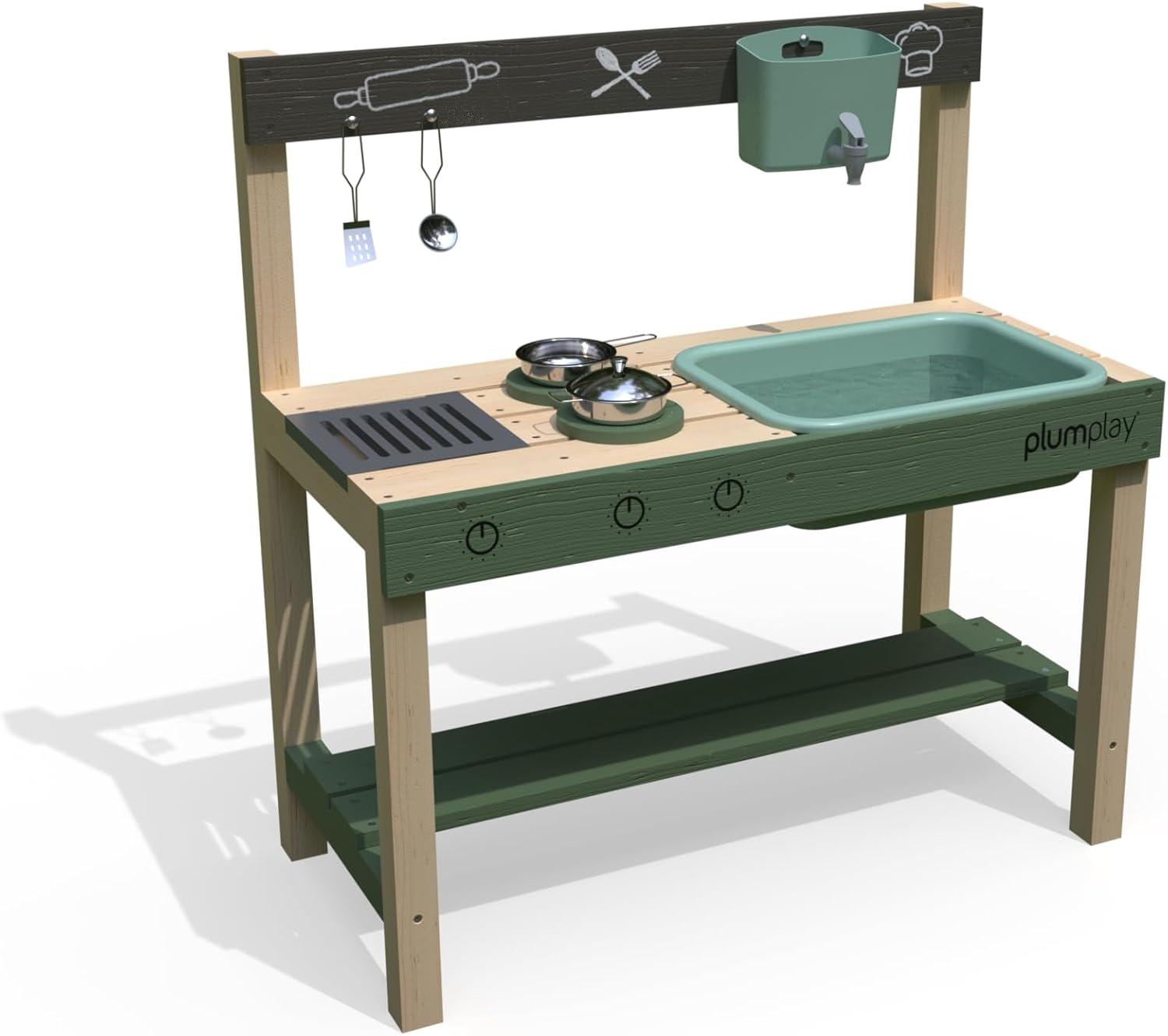 Plum Play Grubby Griddle Outdoor Discovery Mud Kitchen with Tap and Sink - Cooking utensils included - With hobs and grill