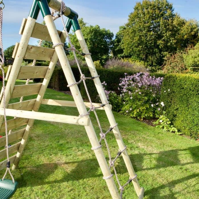 Rebo® Wooden Swing Set with Up and Over Climbing Wall - Isla Green | OutdoorToys | Kids' Outdoor Wooden Play Equipment for Gardens, Frame and Accessories Included, Weather Resistant