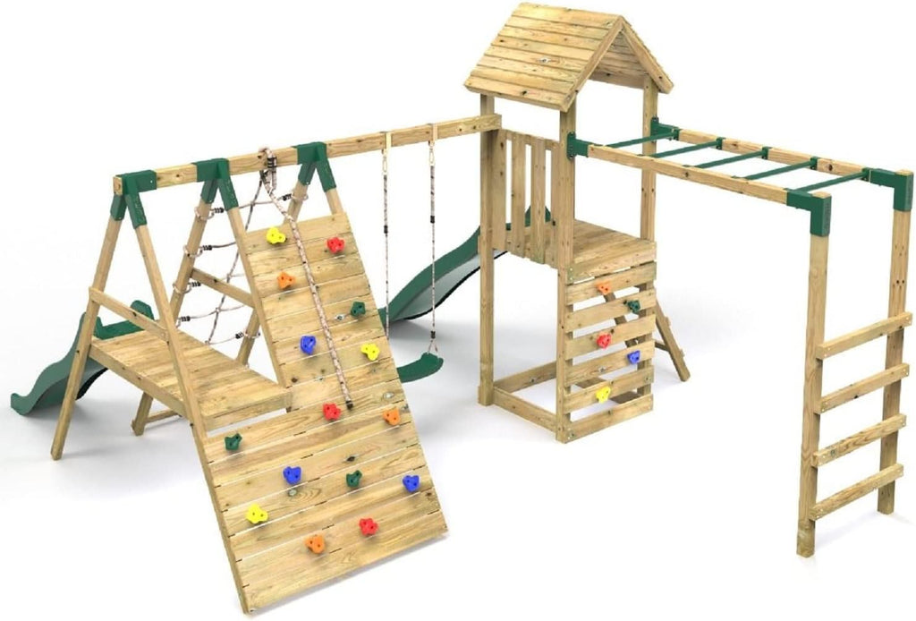 Rebo® Children's Wooden Climbing Frame with Swings, 2 Slides, Up and Over Climbing wall and Monkey Bars - Brecon | OutdoorToys | Pressure Treated Timber