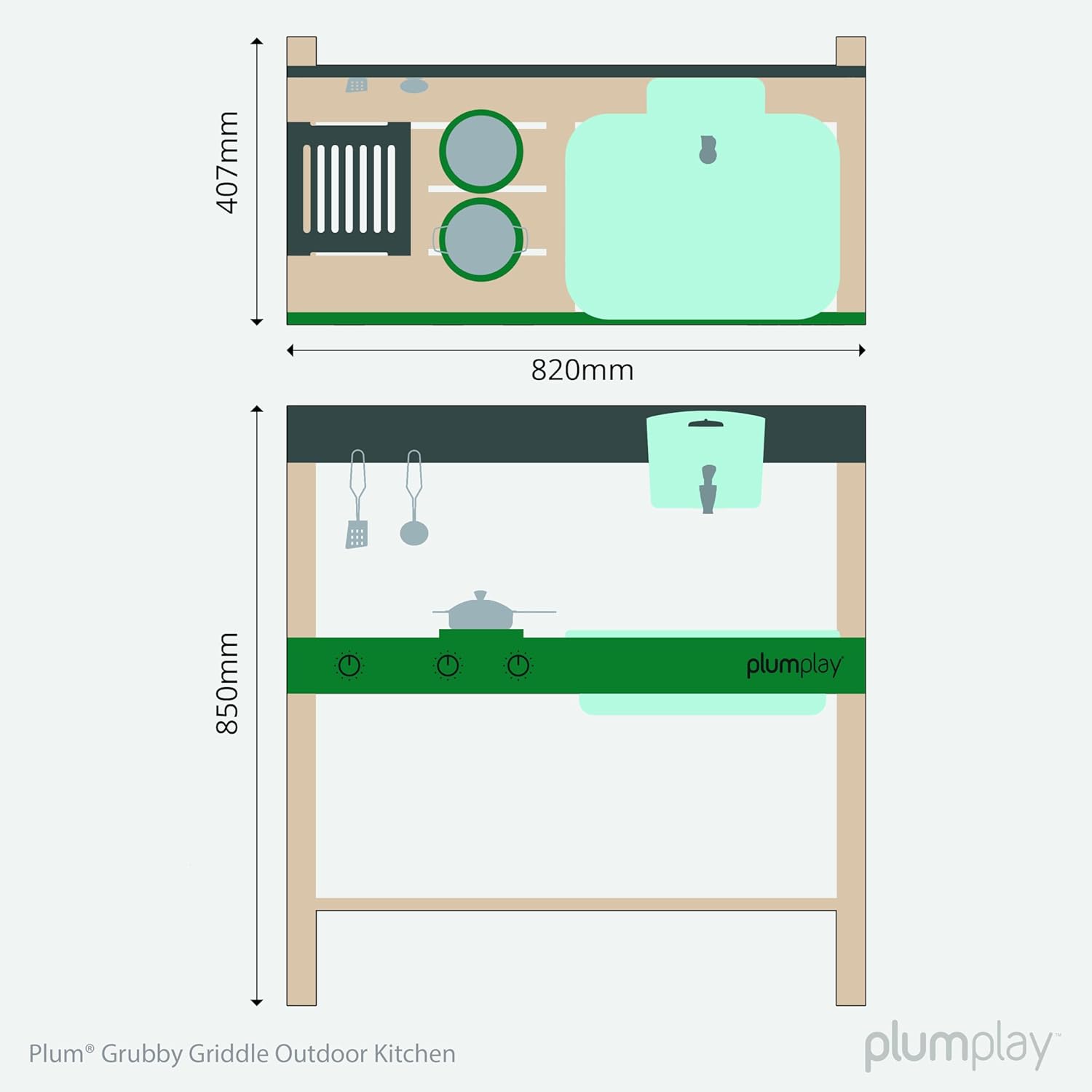 Plum Play Grubby Griddle Outdoor Discovery Mud Kitchen with Tap and Sink - Cooking utensils included - With hobs and grill