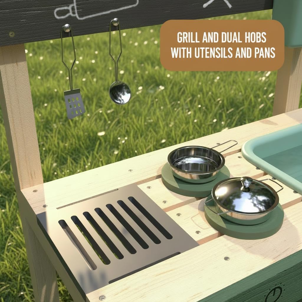 Plum Play Grubby Griddle Outdoor Discovery Mud Kitchen with Tap and Sink - Cooking utensils included - With hobs and grill