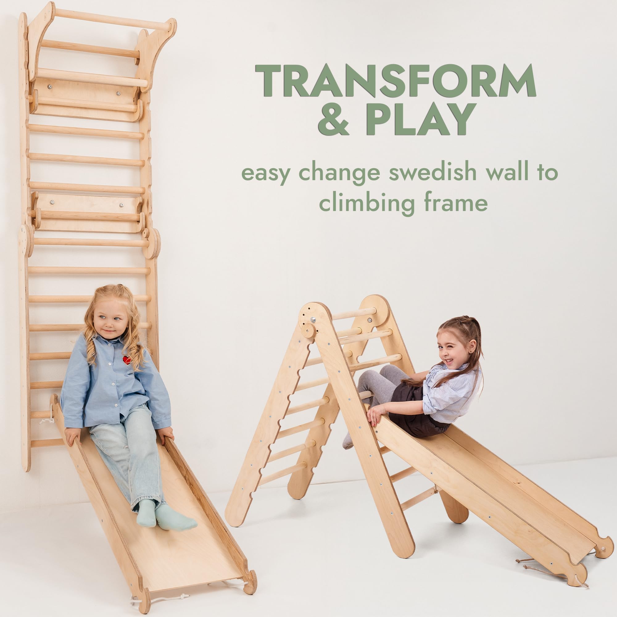 Goodevas 6-in-1 Wooden Swedish Wall & Slide Set - Versatile Indoor Climbing Triangle Set for Children with Ladder, Slide, Monkey Bars - Perfect for 2 to 12 Years Olds