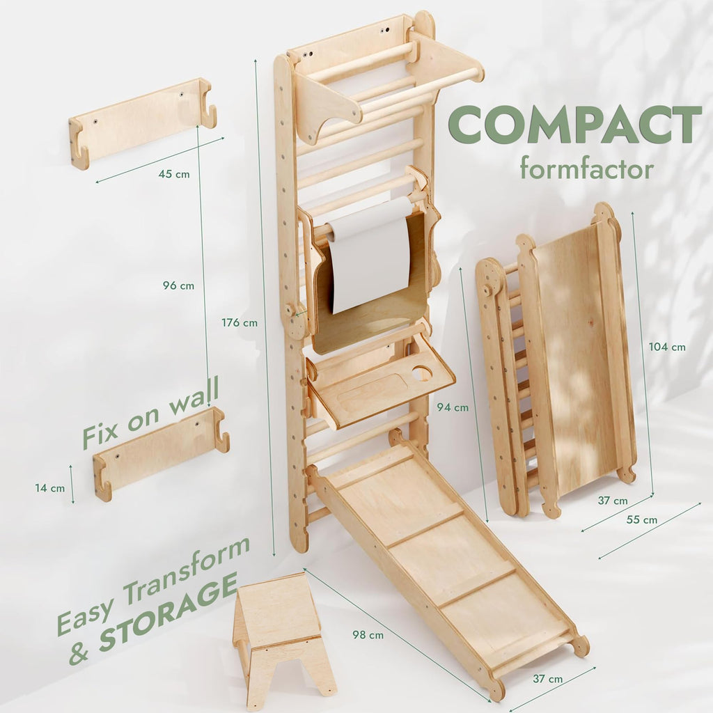 Goodevas 6-in-1 Wooden Swedish Wall & Slide Set - Versatile Indoor Climbing Triangle Set for Children with Ladder, Slide, Monkey Bars - Perfect for 2 to 12 Years Olds