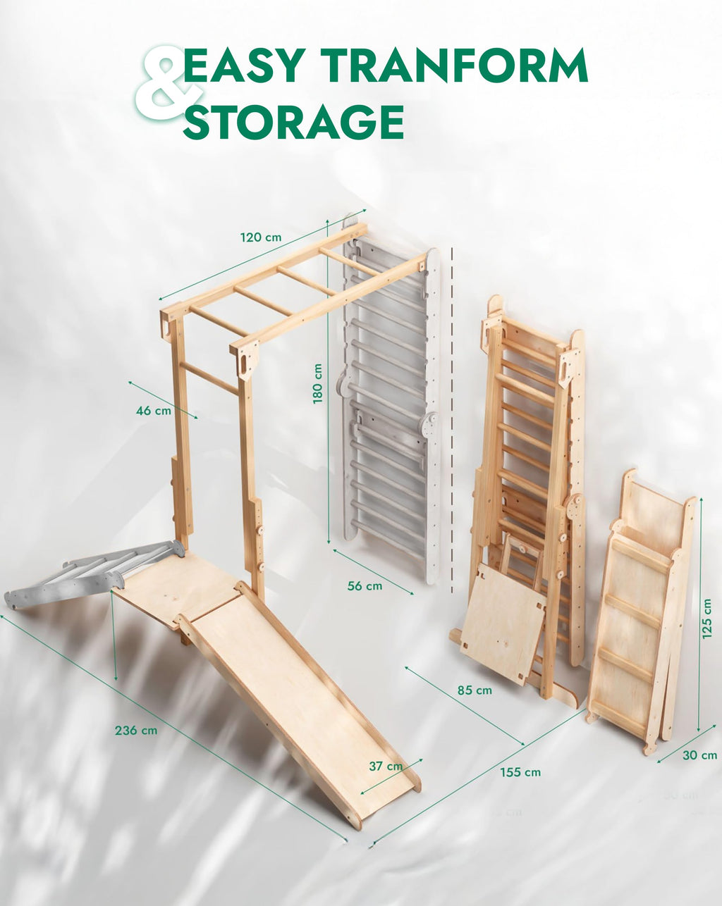 Goodevas 6-in-1 Wooden Swedish Wall & Slide Set - Versatile Indoor Climbing Triangle Set for Children with Ladder, Slide, Monkey Bars - Perfect for 2 to 12 Years Olds