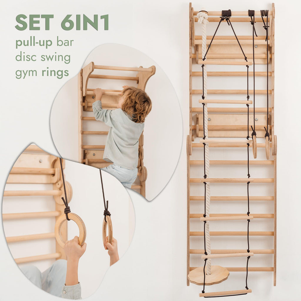 Goodevas 6-in-1 Wooden Swedish Wall & Slide Set - Versatile Indoor Climbing Triangle Set for Children with Ladder, Slide, Monkey Bars - Perfect for 2 to 12 Years Olds