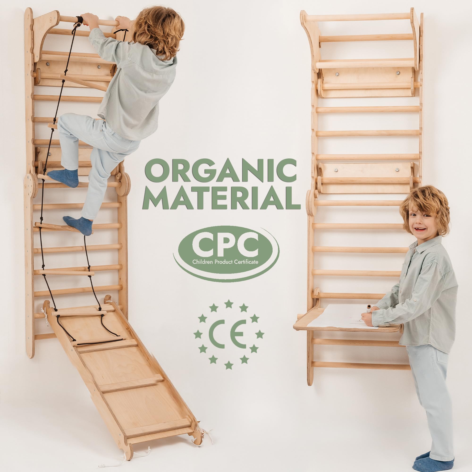 Goodevas 6-in-1 Wooden Swedish Wall & Slide Set - Versatile Indoor Climbing Triangle Set for Children with Ladder, Slide, Monkey Bars - Perfect for 2 to 12 Years Olds