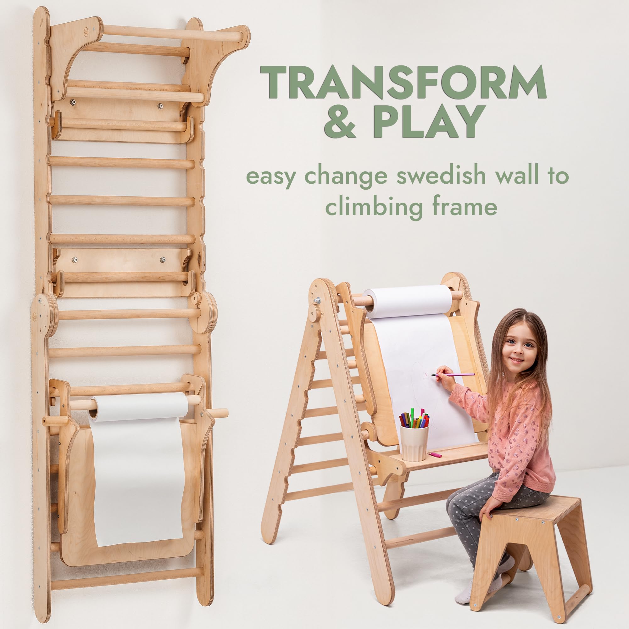 Goodevas 6-in-1 Wooden Swedish Wall & Slide Set - Versatile Indoor Climbing Triangle Set for Children with Ladder, Slide, Monkey Bars - Perfect for 2 to 12 Years Olds
