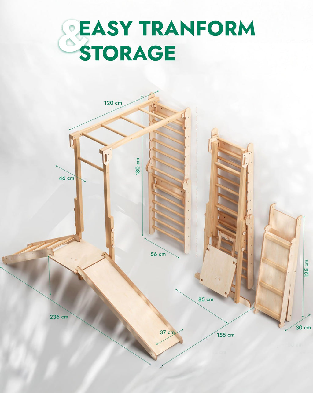 Goodevas 6-in-1 Wooden Swedish Wall & Slide Set - Versatile Indoor Climbing Triangle Set for Children with Ladder, Slide, Monkey Bars - Perfect for 2 to 12 Years Olds