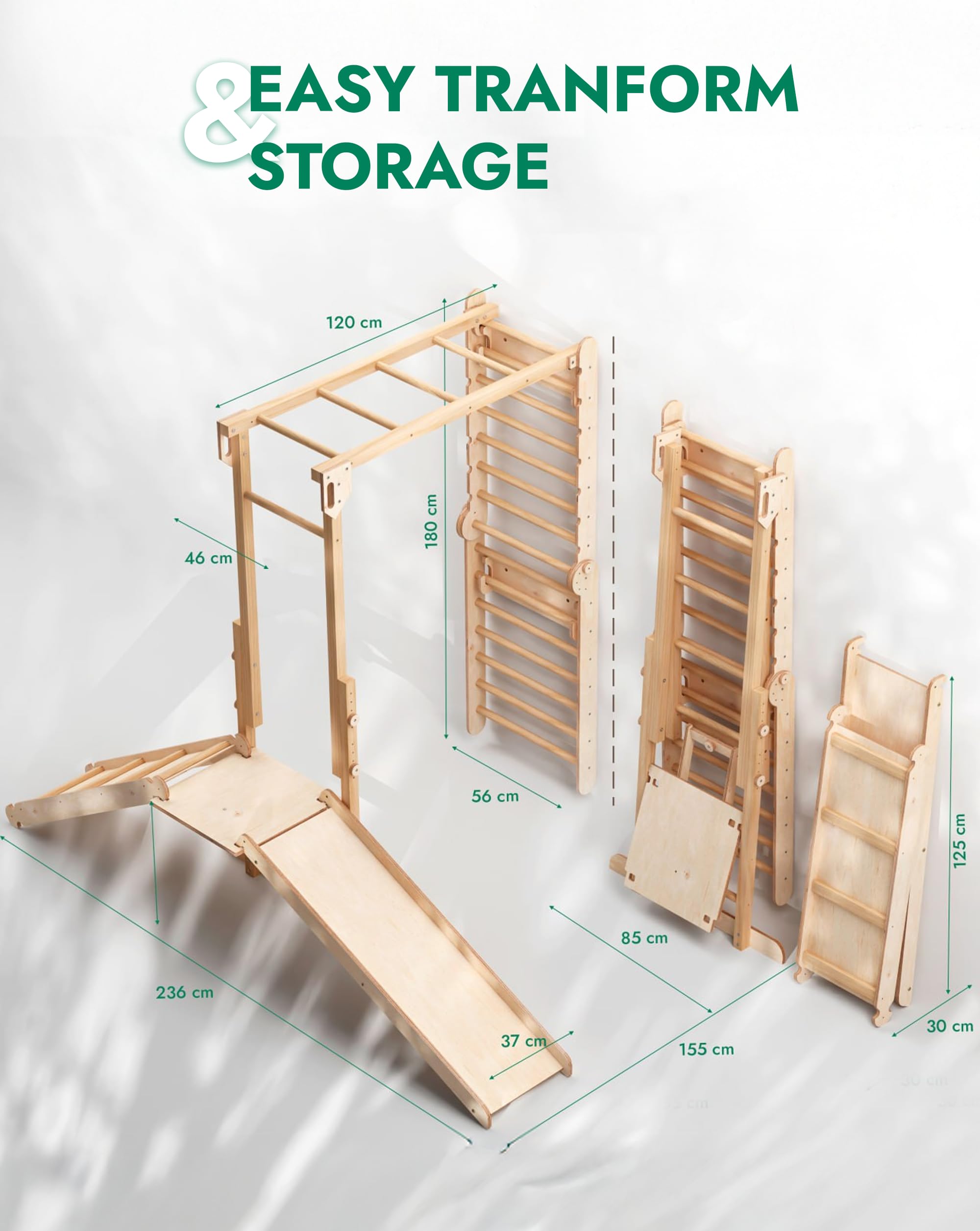 Goodevas 6-in-1 Wooden Swedish Wall & Slide Set - Versatile Indoor Climbing Triangle Set for Children with Ladder, Slide, Monkey Bars - Perfect for 2 to 12 Years Olds