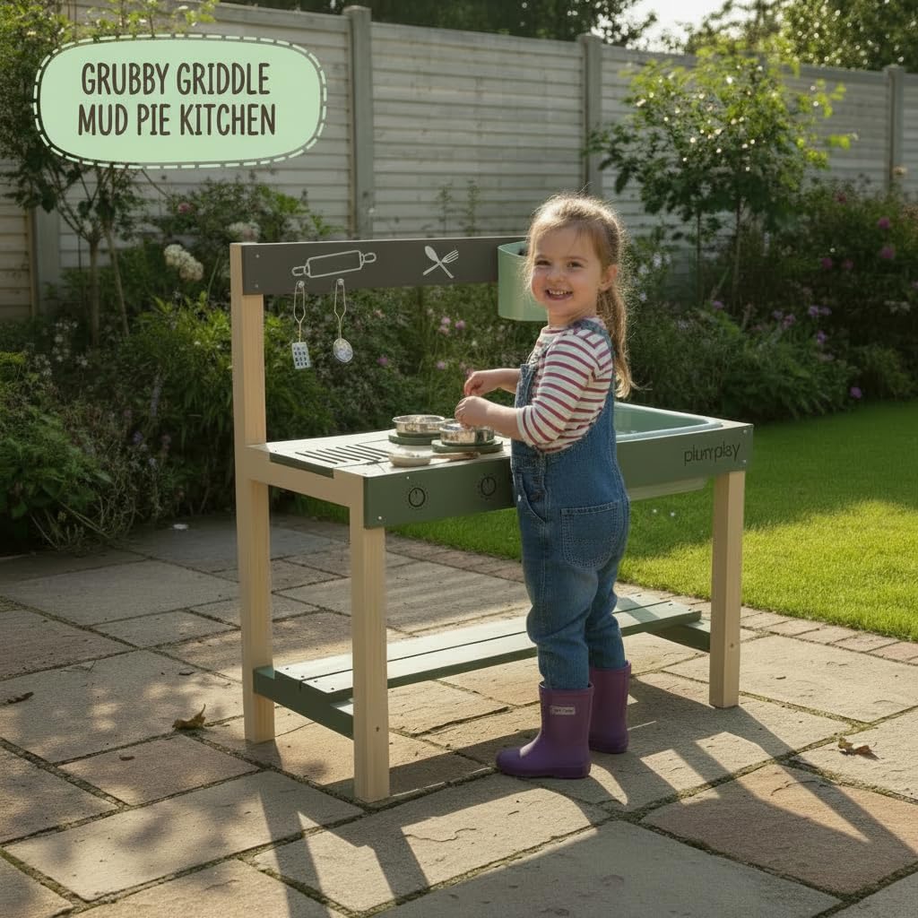 Plum Play Grubby Griddle Outdoor Discovery Mud Kitchen with Tap and Sink - Cooking utensils included - With hobs and grill