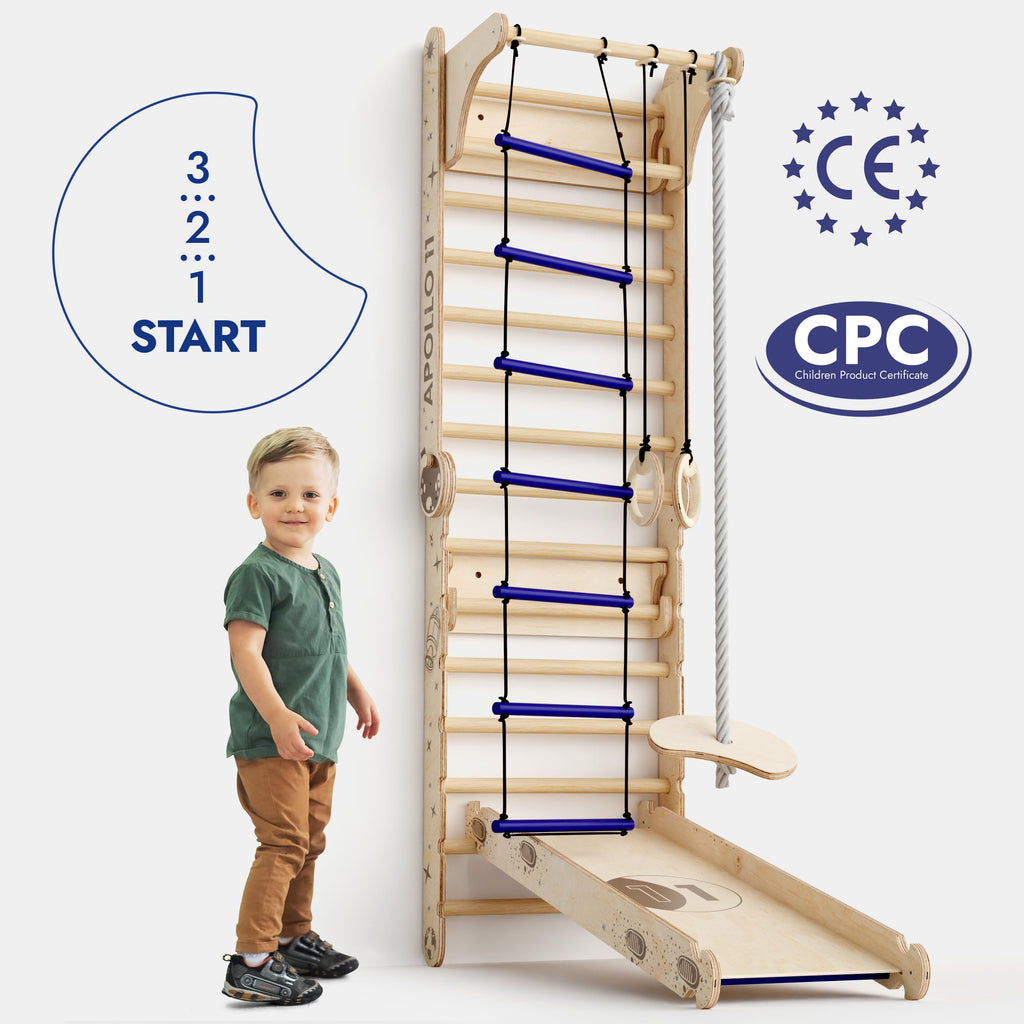 Goodevas 6-in-1 Wooden Swedish Wall & Slide Set - Versatile Indoor Climbing Triangle Set for Children with Ladder, Slide, Monkey Bars - Perfect for 2 to 12 Years Olds