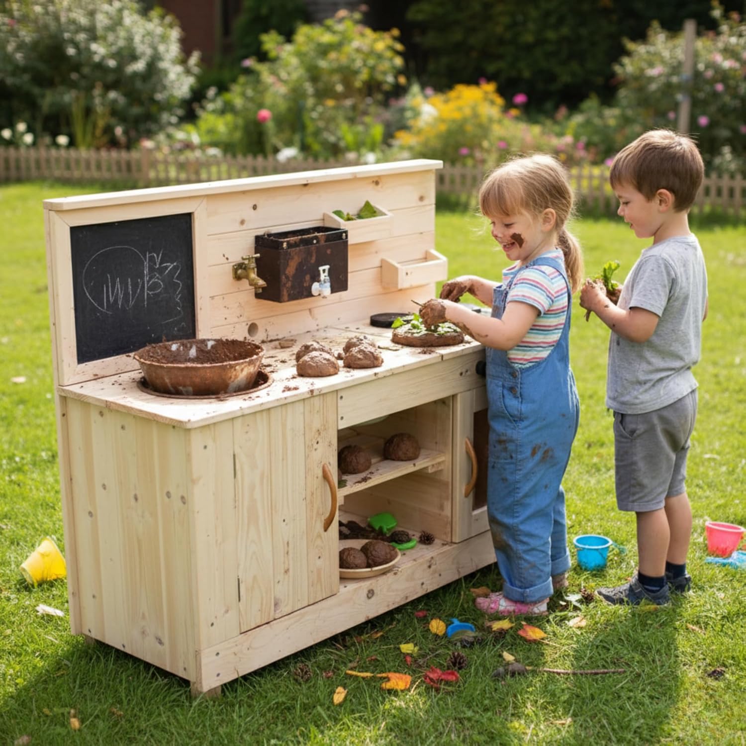 Big Game Hunters Triple Mud Kitchen with Working Tap - Children Wooden Play Kitchen