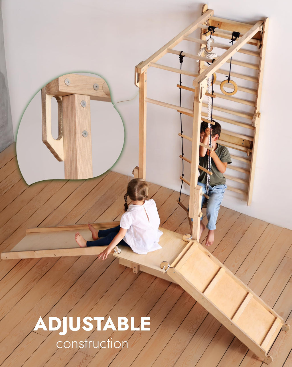 Goodevas 6-in-1 Wooden Swedish Wall & Slide Set - Versatile Indoor Climbing Triangle Set for Children with Ladder, Slide, Monkey Bars - Perfect for 2 to 12 Years Olds
