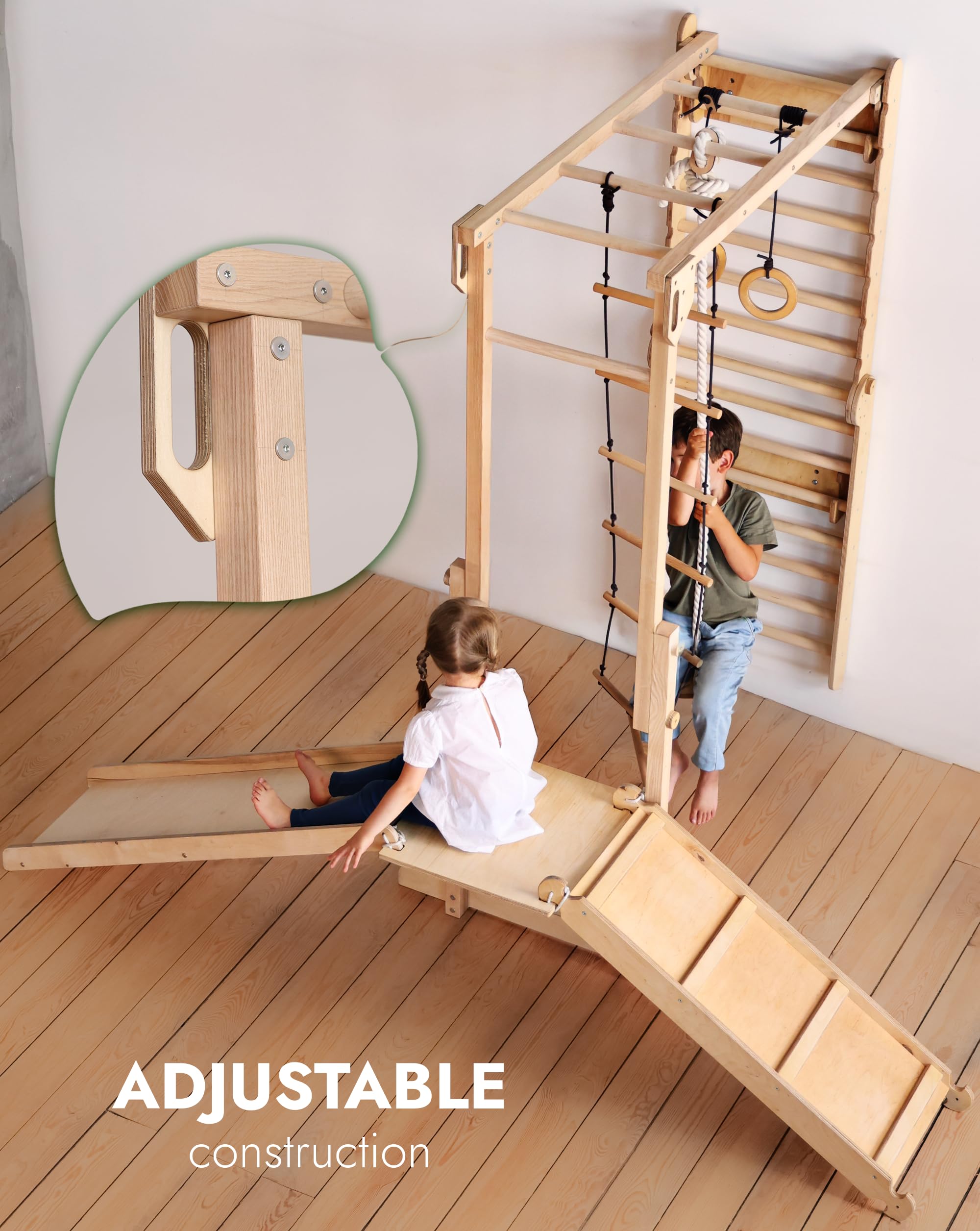 Goodevas 6-in-1 Wooden Swedish Wall & Slide Set - Versatile Indoor Climbing Triangle Set for Children with Ladder, Slide, Monkey Bars - Perfect for 2 to 12 Years Olds