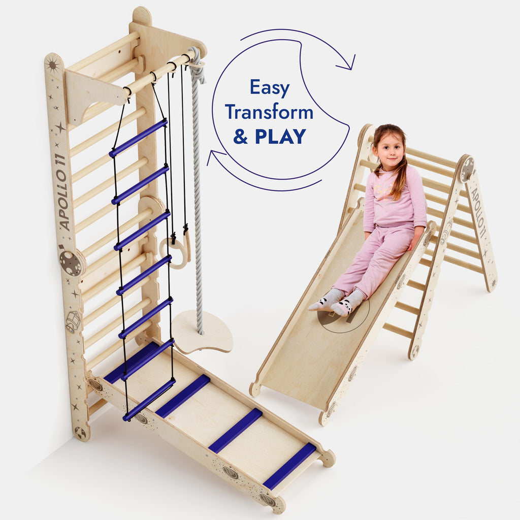 Goodevas 6-in-1 Wooden Swedish Wall & Slide Set - Versatile Indoor Climbing Triangle Set for Children with Ladder, Slide, Monkey Bars - Perfect for 2 to 12 Years Olds