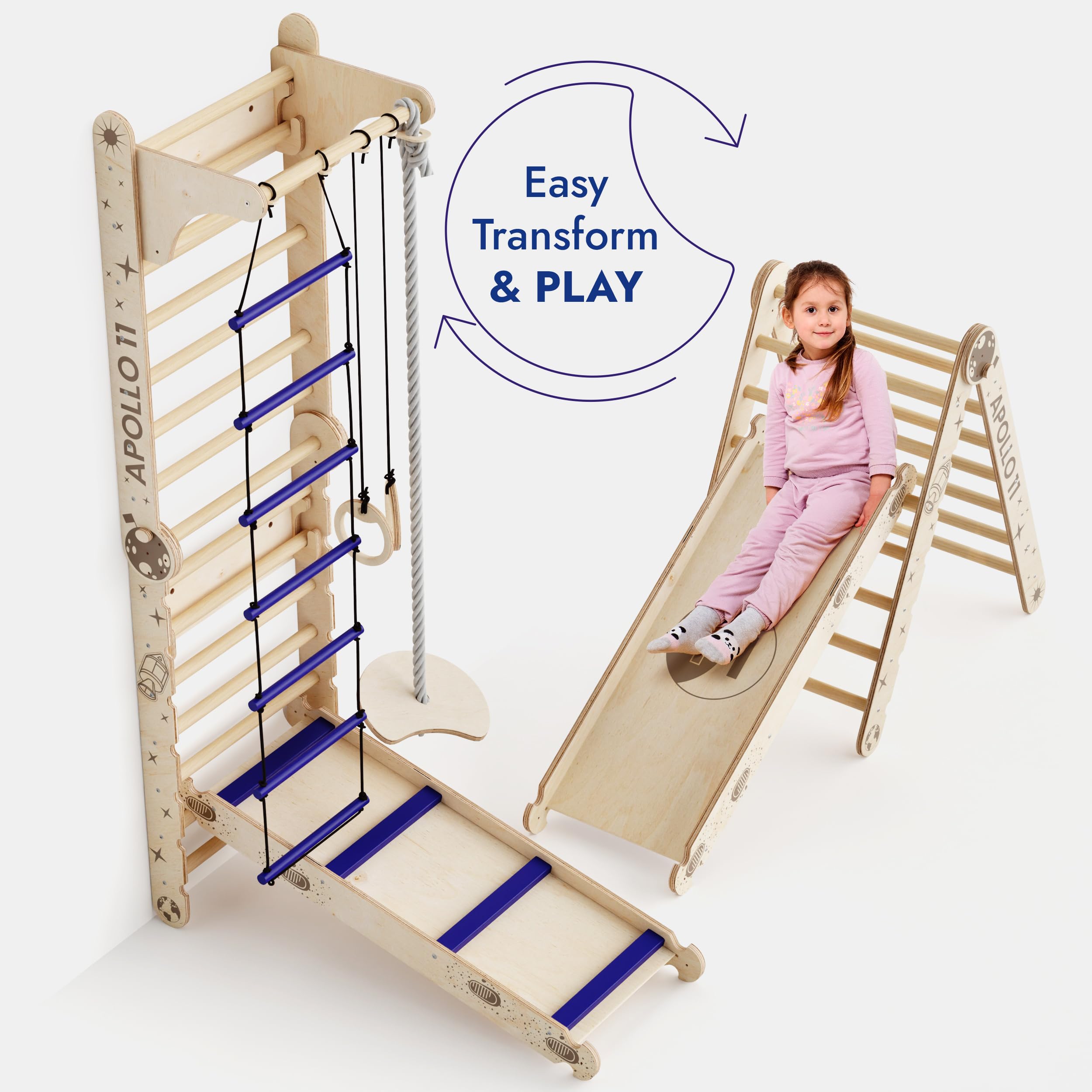 Goodevas 6-in-1 Wooden Swedish Wall & Slide Set - Versatile Indoor Climbing Triangle Set for Children with Ladder, Slide, Monkey Bars - Perfect for 2 to 12 Years Olds