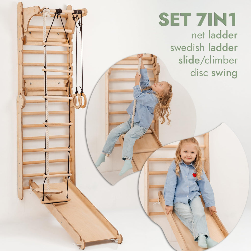 Goodevas 6-in-1 Wooden Swedish Wall & Slide Set - Versatile Indoor Climbing Triangle Set for Children with Ladder, Slide, Monkey Bars - Perfect for 2 to 12 Years Olds