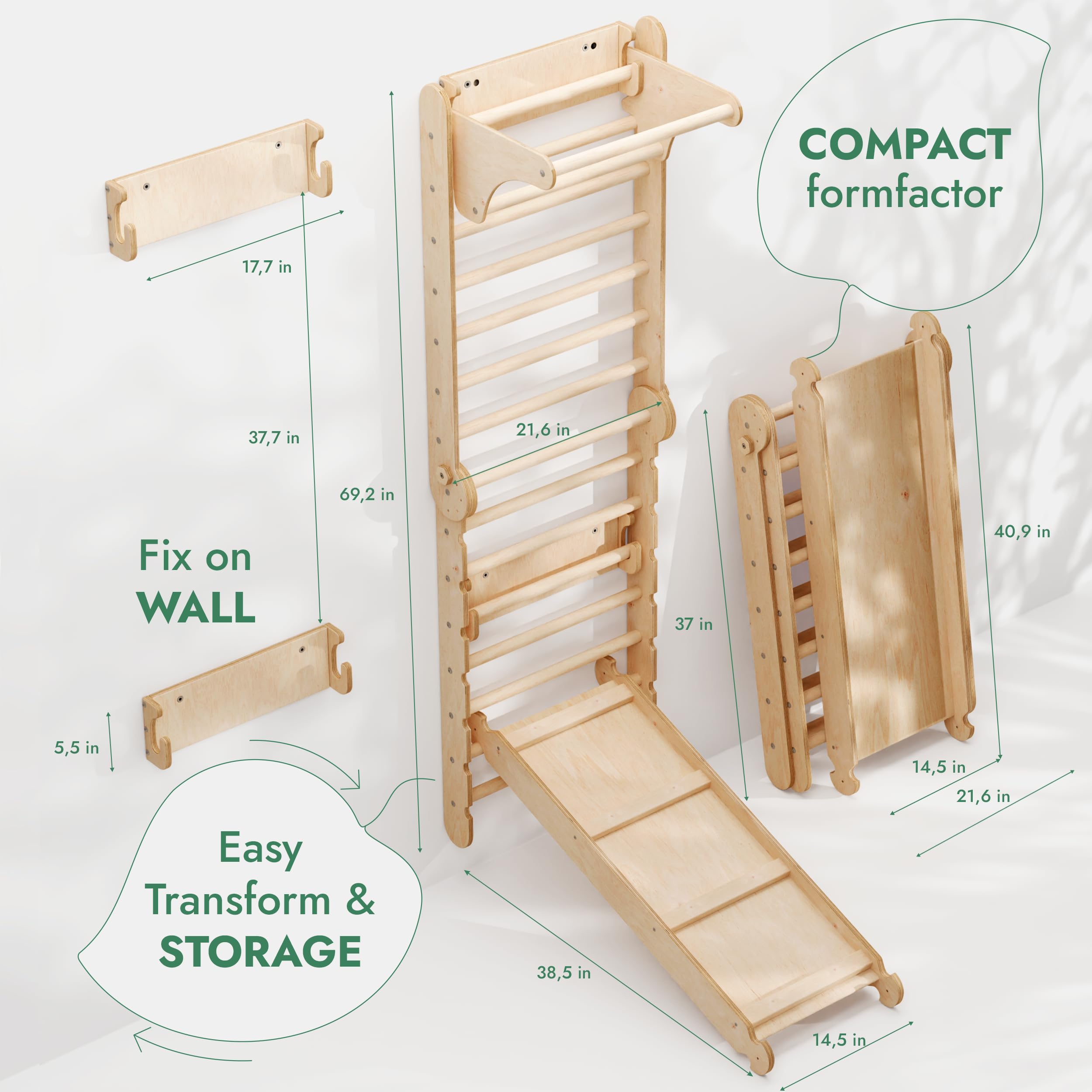 Goodevas 6-in-1 Wooden Swedish Wall & Slide Set - Versatile Indoor Climbing Triangle Set for Children with Ladder, Slide, Monkey Bars - Perfect for 2 to 12 Years Olds