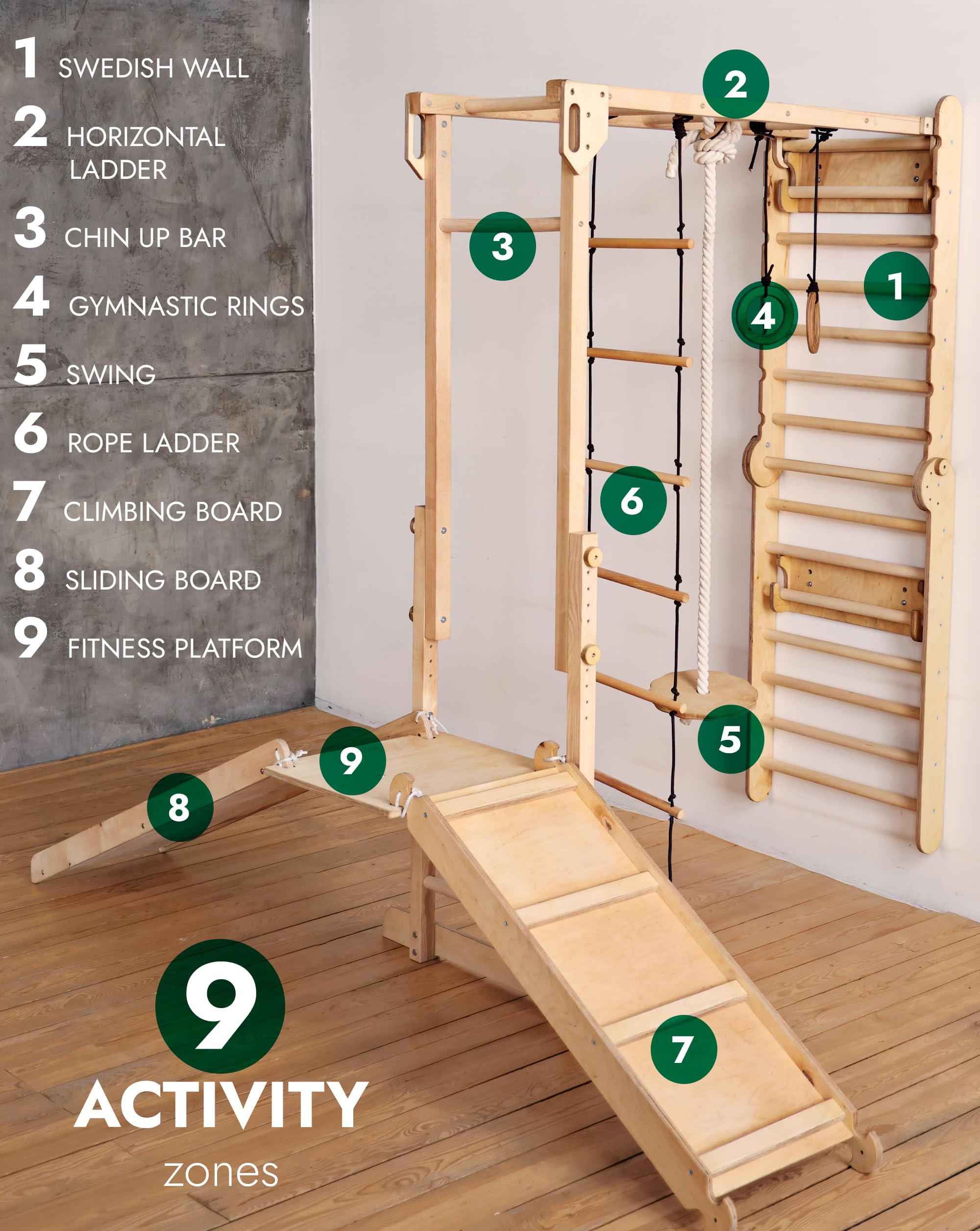 Goodevas 6-in-1 Wooden Swedish Wall & Slide Set - Versatile Indoor Climbing Triangle Set for Children with Ladder, Slide, Monkey Bars - Perfect for 2 to 12 Years Olds