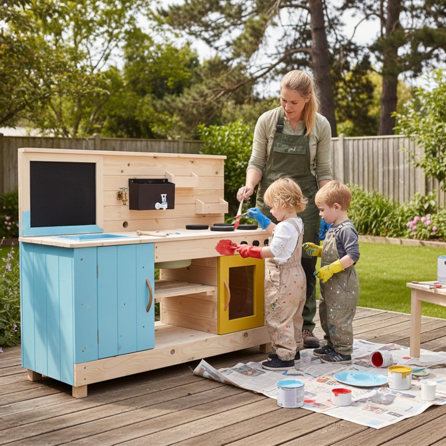 Big Game Hunters Triple Mud Kitchen with Working Tap - Children Wooden Play Kitchen