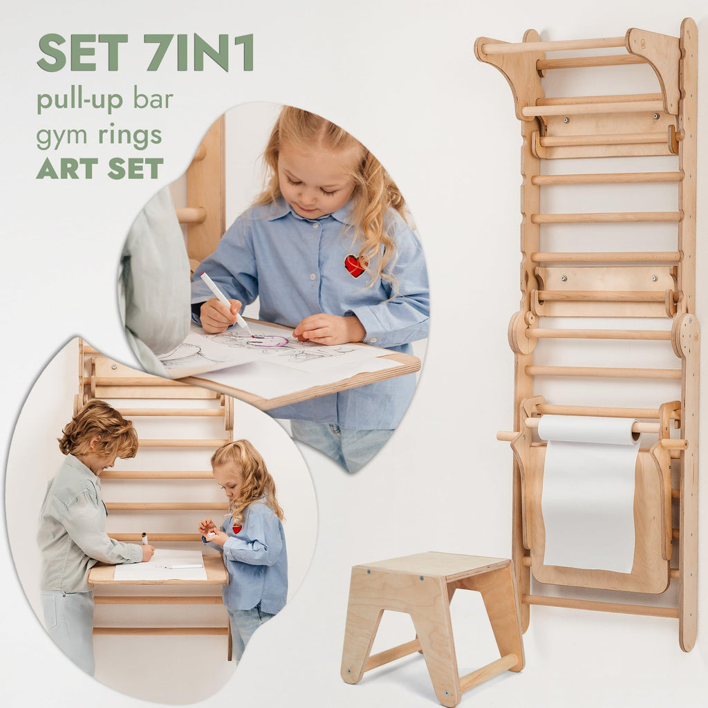Goodevas 6-in-1 Wooden Swedish Wall & Slide Set - Versatile Indoor Climbing Triangle Set for Children with Ladder, Slide, Monkey Bars - Perfect for 2 to 12 Years Olds