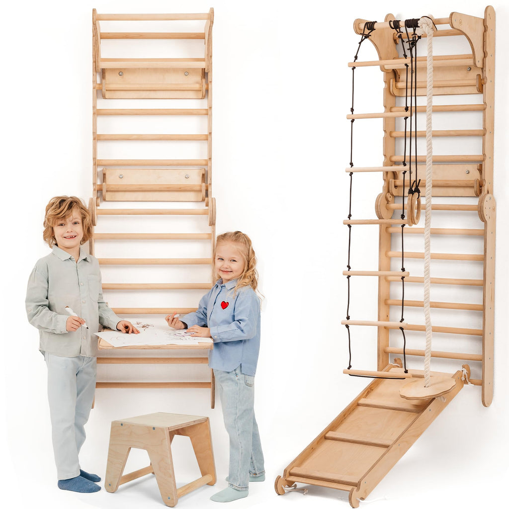 Goodevas 6-in-1 Wooden Swedish Wall & Slide Set - Versatile Indoor Climbing Triangle Set for Children with Ladder, Slide, Monkey Bars - Perfect for 2 to 12 Years Olds