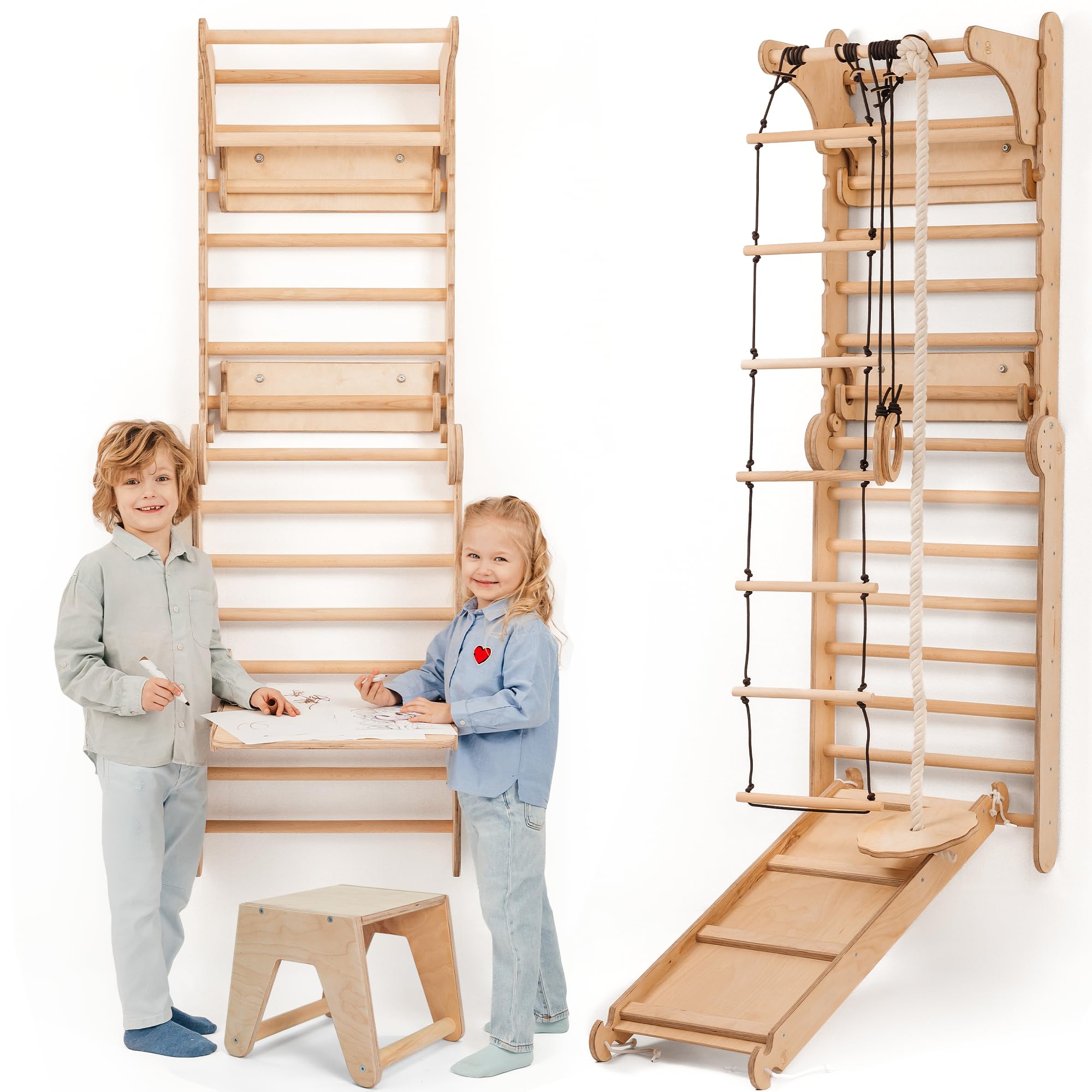 Goodevas 6-in-1 Wooden Swedish Wall & Slide Set - Versatile Indoor Climbing Triangle Set for Children with Ladder, Slide, Monkey Bars - Perfect for 2 to 12 Years Olds