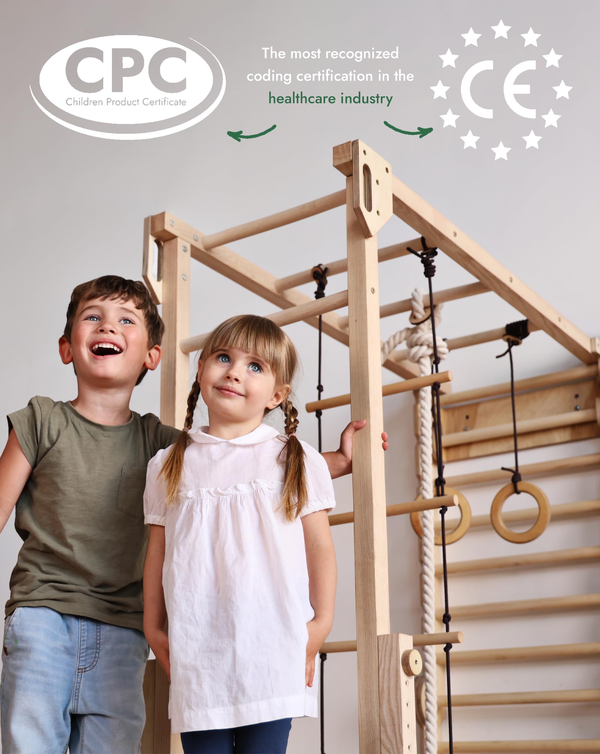 Goodevas 6-in-1 Wooden Swedish Wall & Slide Set - Versatile Indoor Climbing Triangle Set for Children with Ladder, Slide, Monkey Bars - Perfect for 2 to 12 Years Olds