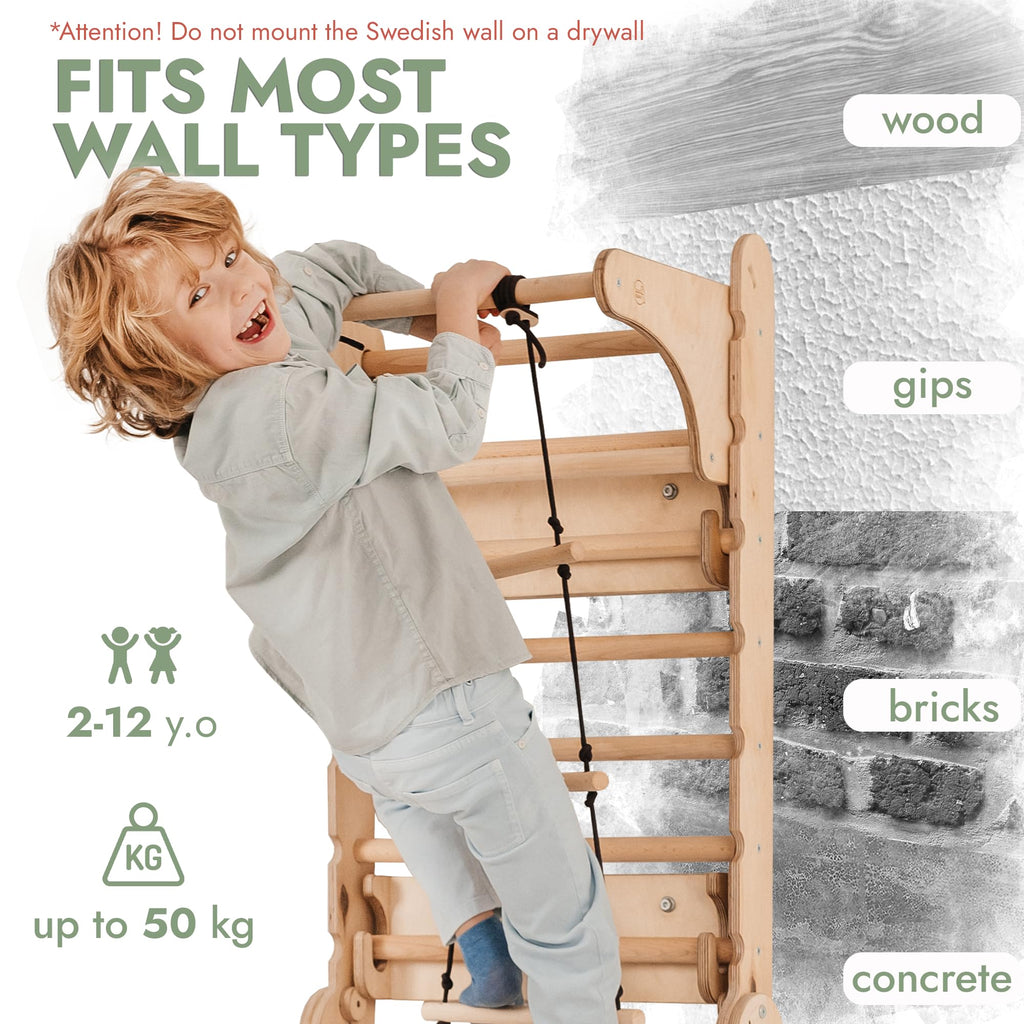 Goodevas 6-in-1 Wooden Swedish Wall & Slide Set - Versatile Indoor Climbing Triangle Set for Children with Ladder, Slide, Monkey Bars - Perfect for 2 to 12 Years Olds