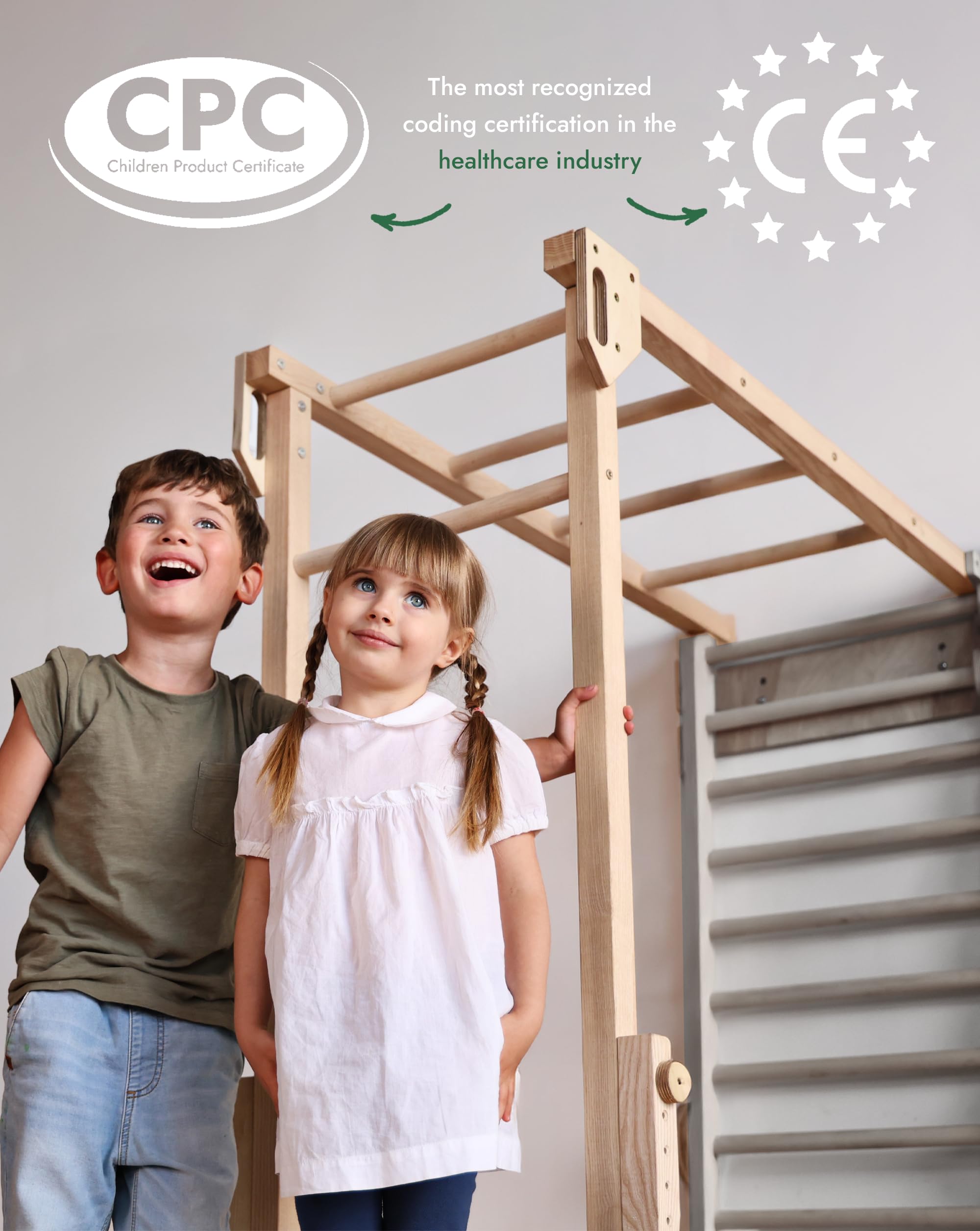 Goodevas 6-in-1 Wooden Swedish Wall & Slide Set - Versatile Indoor Climbing Triangle Set for Children with Ladder, Slide, Monkey Bars - Perfect for 2 to 12 Years Olds