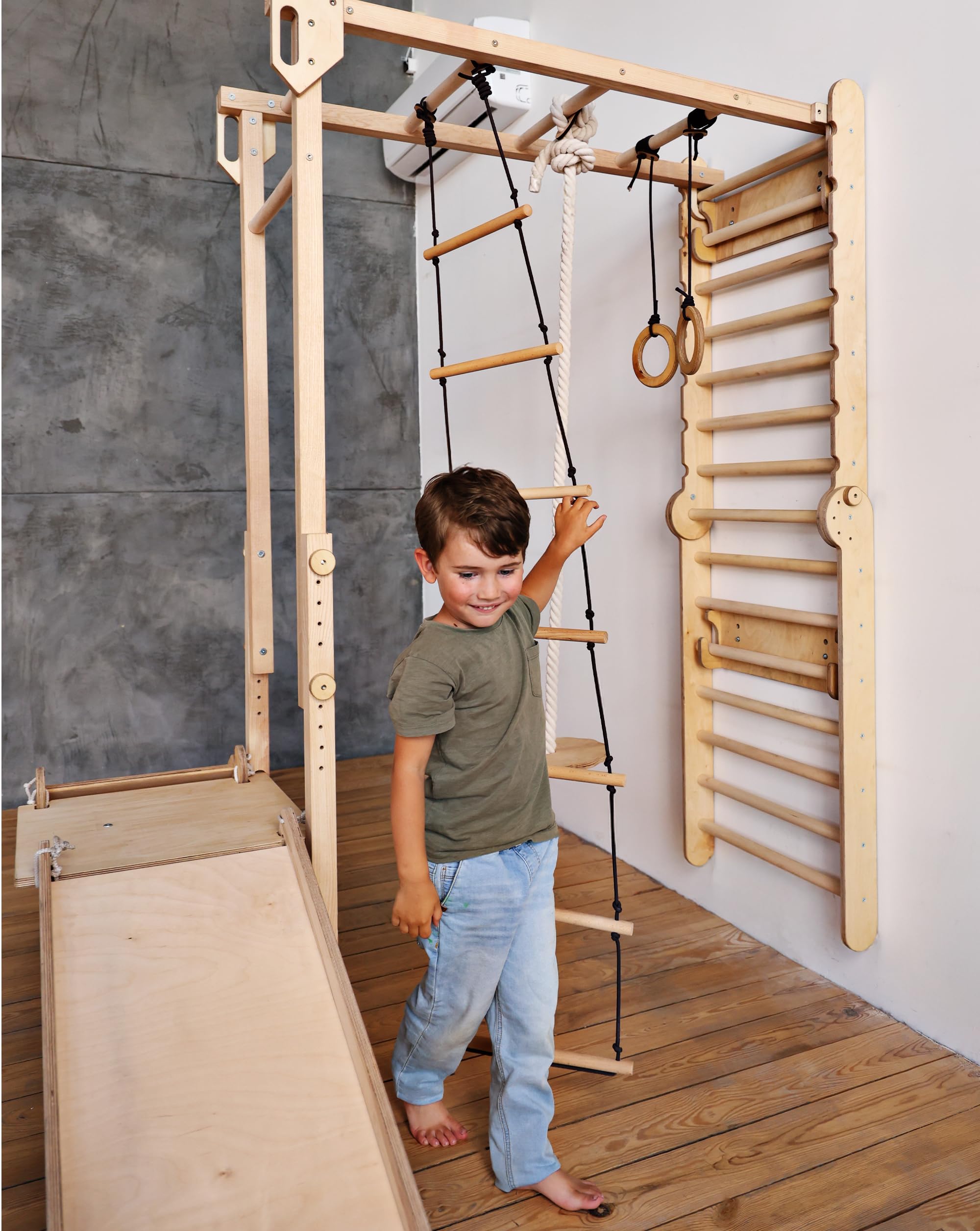 Goodevas 6-in-1 Wooden Swedish Wall & Slide Set - Versatile Indoor Climbing Triangle Set for Children with Ladder, Slide, Monkey Bars - Perfect for 2 to 12 Years Olds