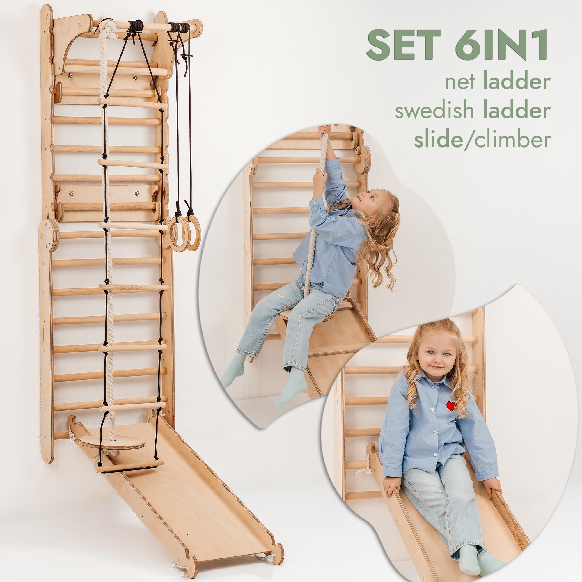 Goodevas 6-in-1 Wooden Swedish Wall & Slide Set - Versatile Indoor Climbing Triangle Set for Children with Ladder, Slide, Monkey Bars - Perfect for 2 to 12 Years Olds