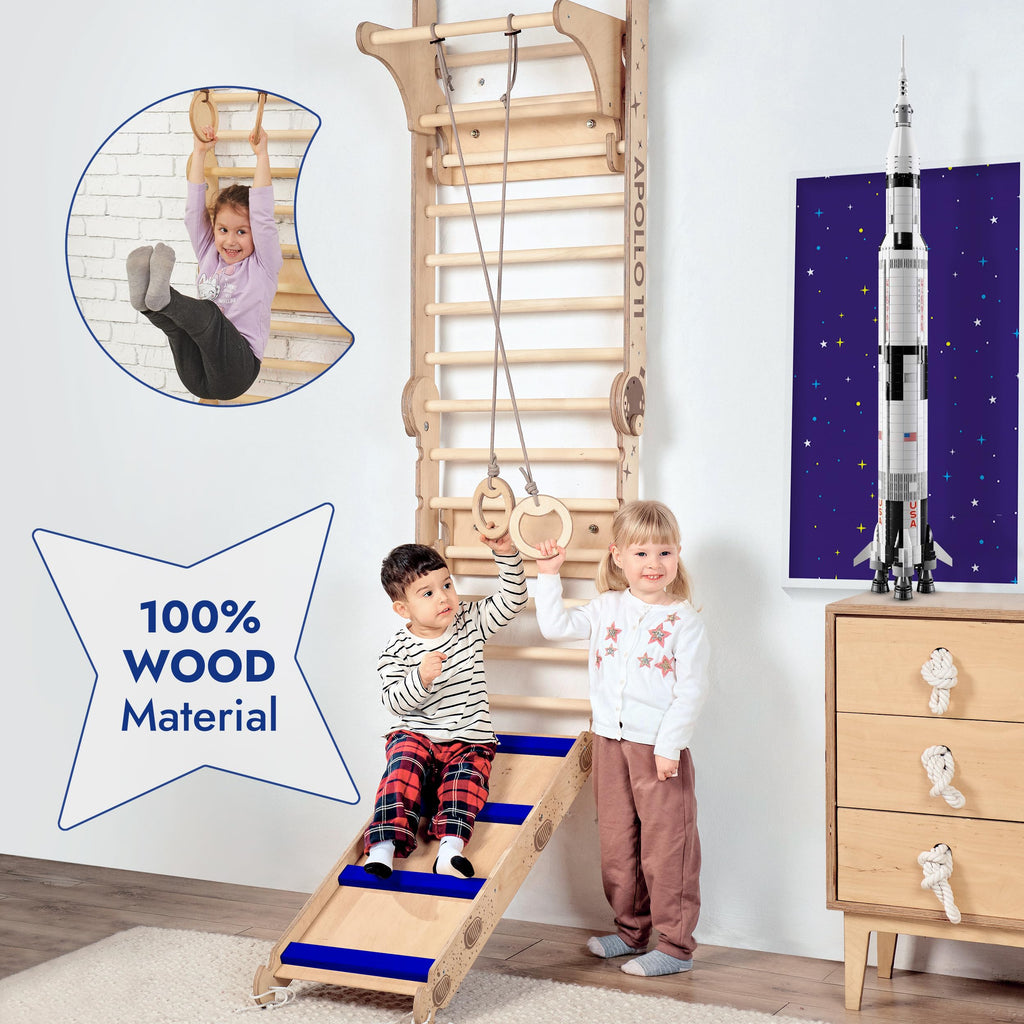 Goodevas 6-in-1 Wooden Swedish Wall & Slide Set - Versatile Indoor Climbing Triangle Set for Children with Ladder, Slide, Monkey Bars - Perfect for 2 to 12 Years Olds