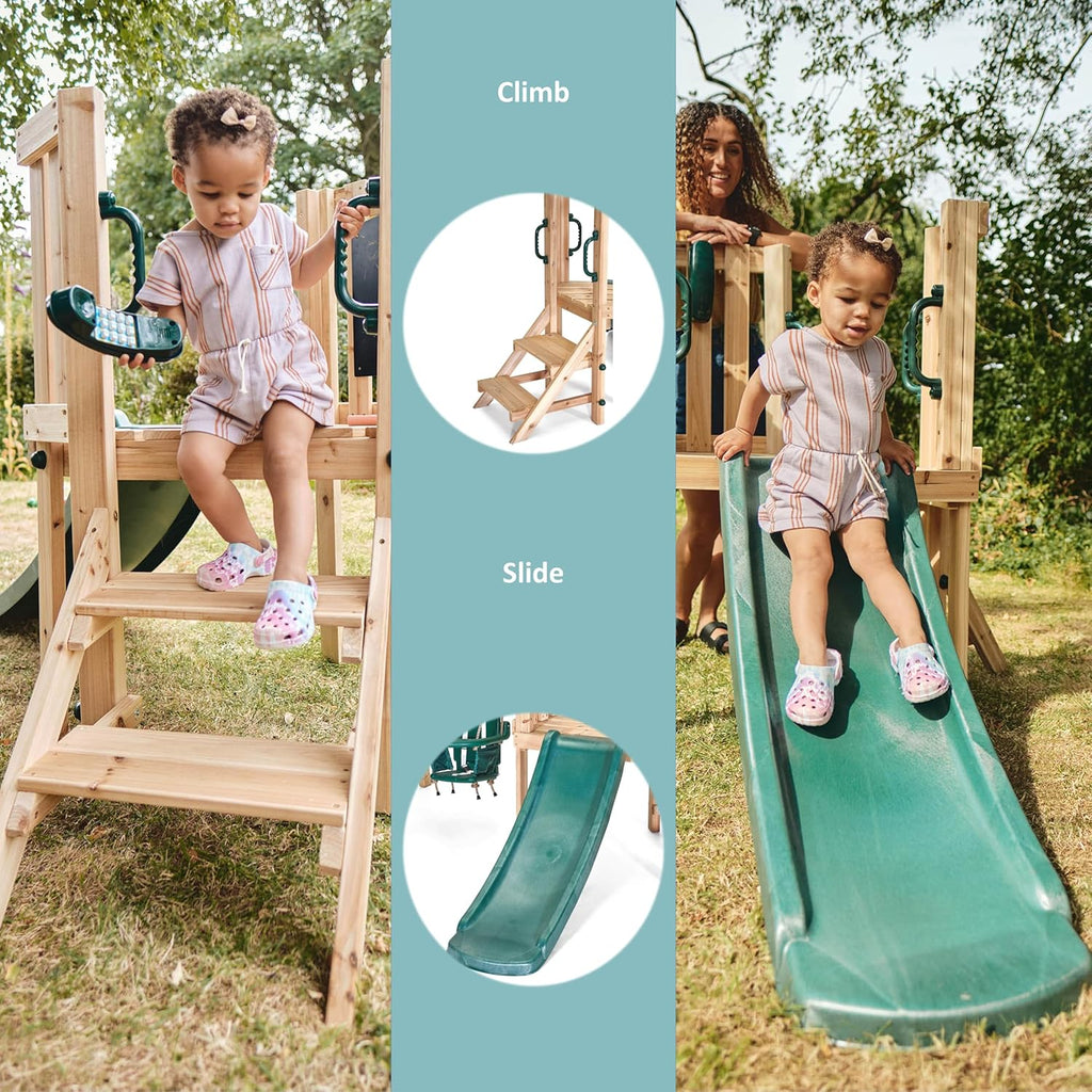Plum Play Kids Outdoor Junior Activity Centre Swing and Slide Garden Multiplay Set for Climbing - Chalkboard, 4ft Slide, Baby Swing Seat - Children Toddlers 12 Months Plus