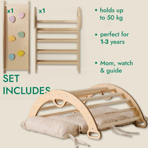 4in1 Montessori Climbing Frame: Pikler Triangle + Arch + Slide Board + Cushion for Toddlers (1–3 Years) - Ivory